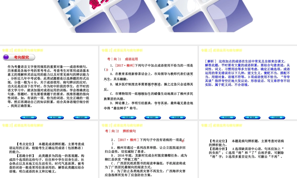 （柳州专版）中考语文 专题2 成语运用与病句辨析复习课件-人教版初中九年级全册语文课件