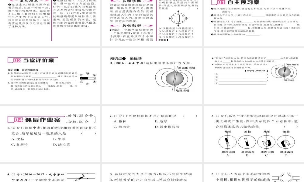 （毕节专版）九年级物理全册 第20章 第1节 磁现象 磁场（第2课时 磁场）作业课件 （新版）新人教版-（新版）新人教版初中九年级全册物理课件