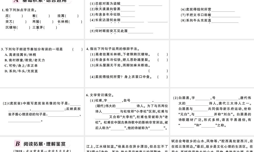 （武汉专版）春八年级语文下册 第六单元 24 唐诗二首习题课件 新人教版-新人教版初中八年级下册语文课件