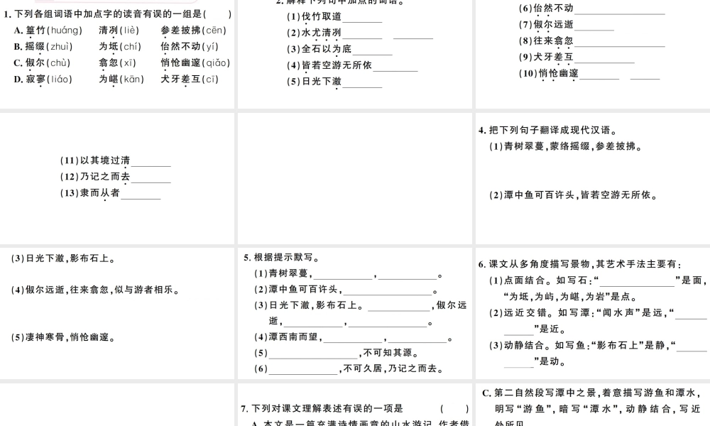 （武汉专版）春八年级语文下册 第三单元 10小石潭记习题课件 新人教版-新人教版初中八年级下册语文课件