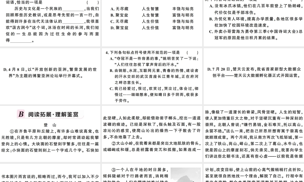 （武汉专版）春八年级语文下册 第五单元 19 登勃朗峰习题课件 新人教版-新人教版初中八年级下册语文课件