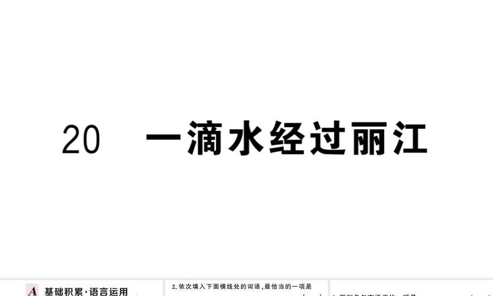 （武汉专版）春八年级语文下册 第五单元 20 一滴水经过丽江习题课件 新人教版-新人教版初中八年级下册语文课件