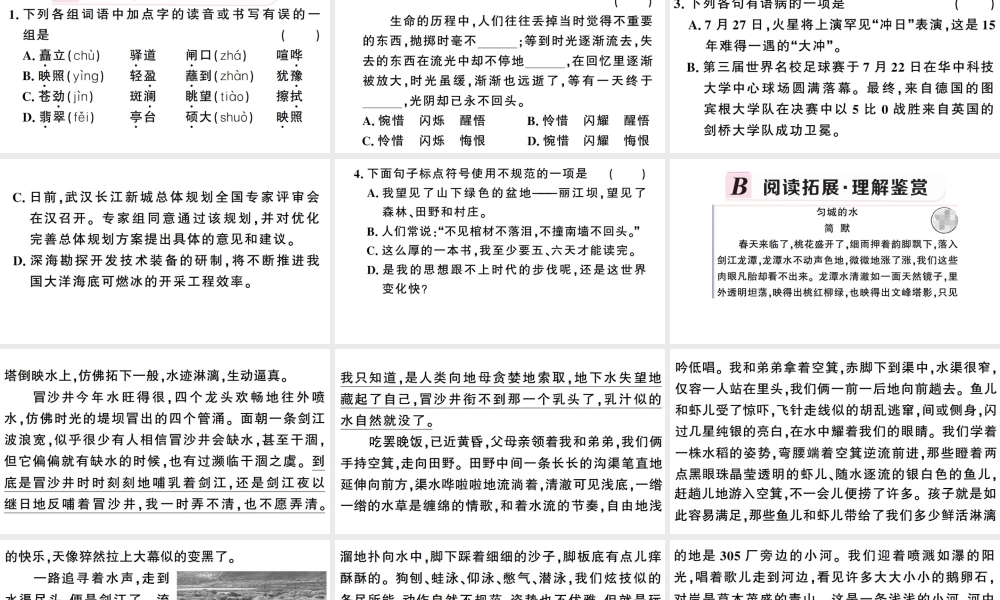 （武汉专版）春八年级语文下册 第五单元 20 一滴水经过丽江习题课件 新人教版-新人教版初中八年级下册语文课件