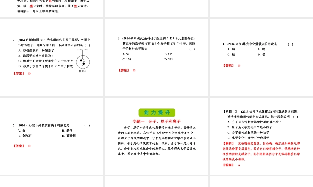 （新课标）浙江省中考科学基础复习 第30课 构成物质的粒子 元素课件-人教版初中九年级全册自然科学课件