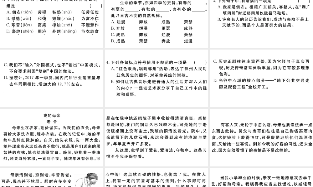 （武汉专版）秋八年级语文上册 第二单元 7 回忆我的母亲习题课件 新人教版-新人教版初中八年级上册语文课件