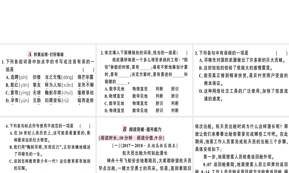 （武汉专版）春七年级语文下册 第一单元 1 邓稼先习题课件 新人教版-新人教版初中七年级下册语文课件