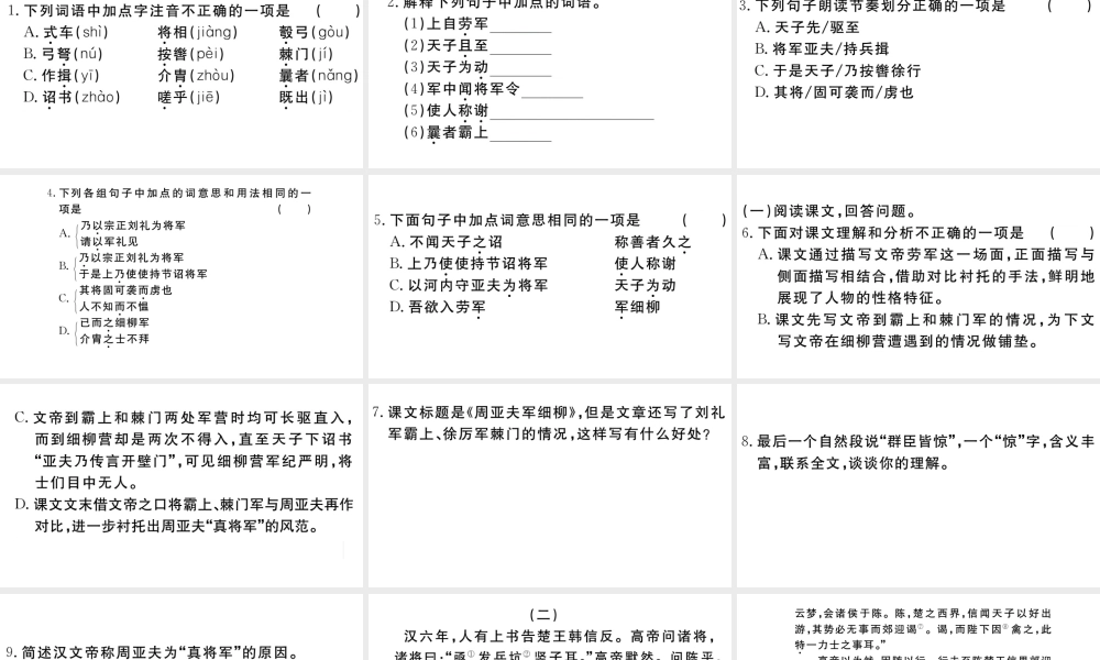 （武汉专版）秋八年级语文上册 第六单元 24 周亚夫军细柳习题课件 新人教版-新人教版初中八年级上册语文课件