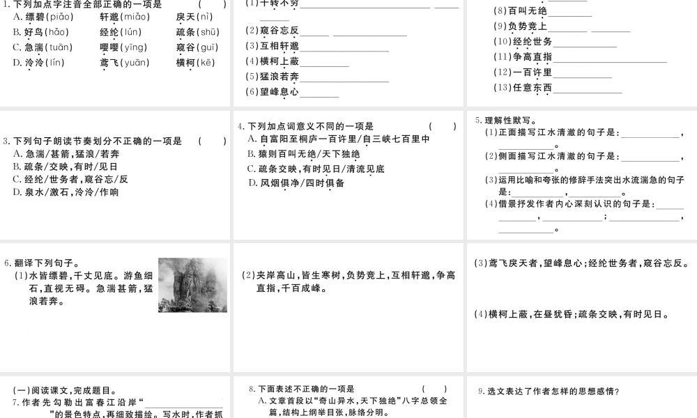 （武汉专版）秋八年级语文上册 第三单元 12 与朱元思书习题课件 新人教版-新人教版初中八年级上册语文课件