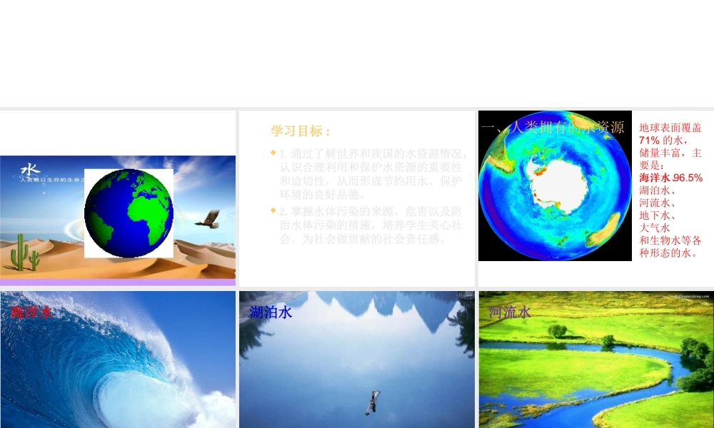 （新课程）2013年秋九年级化学上册 课题1 爱护水资源课件 （新版）新人教版