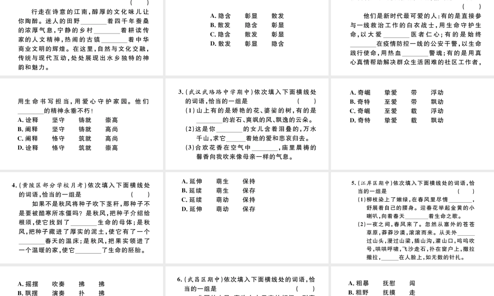 （武汉专版）七年级语文上册 考点专题一 选词填空课件 新人教版-新人教版初中七年级上册语文课件