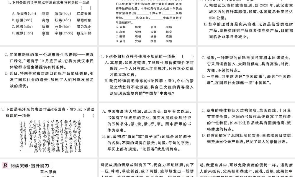 （武汉专版）秋九年级语文上册 第一单元 1 沁园春 雪习题课件 新人教版-新人教版初中九年级上册语文课件