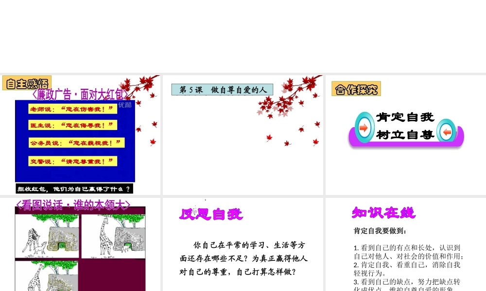 （水滴系列）（2016年秋季版）七年级道德与法治上册 第三单元 生活告诉自己“我能行”第五课 做自尊自爱的人 第2框 自尊自爱课件 鲁人版六三制