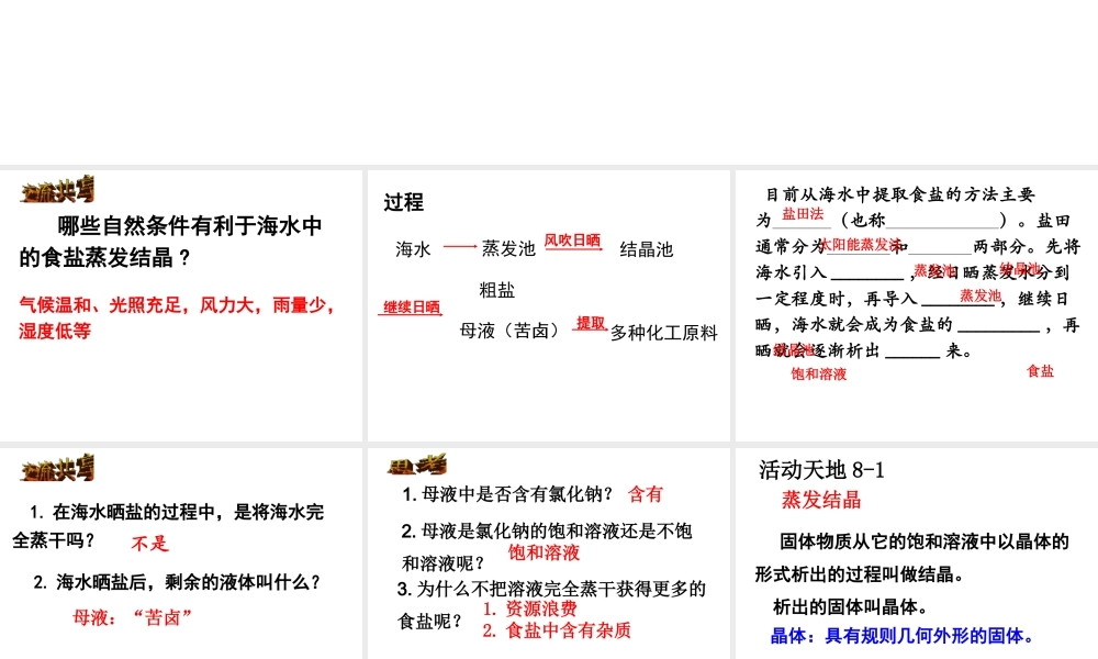 （水滴系列）九年级化学下册 8.2 海水“晒盐 ”课件 （新版）鲁教版-（新版）鲁教版初中九年级下册化学课件