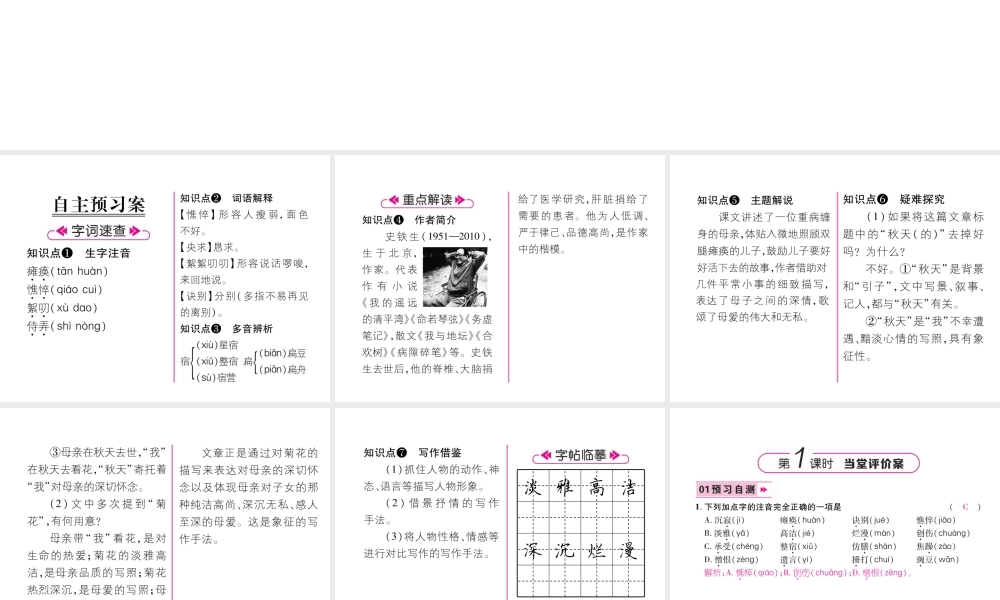 （毕节地区）七年级语文上册 第2单元 5秋天的怀念习题课件 新人教版-新人教版初中七年级上册语文课件