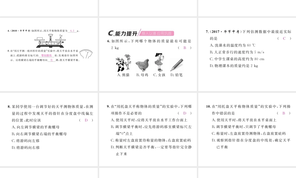 （毕节专版）秋八年级物理上册 第六章 第1节 质量习题课件 （新版）人教版-人教版初中八年级上册物理课件