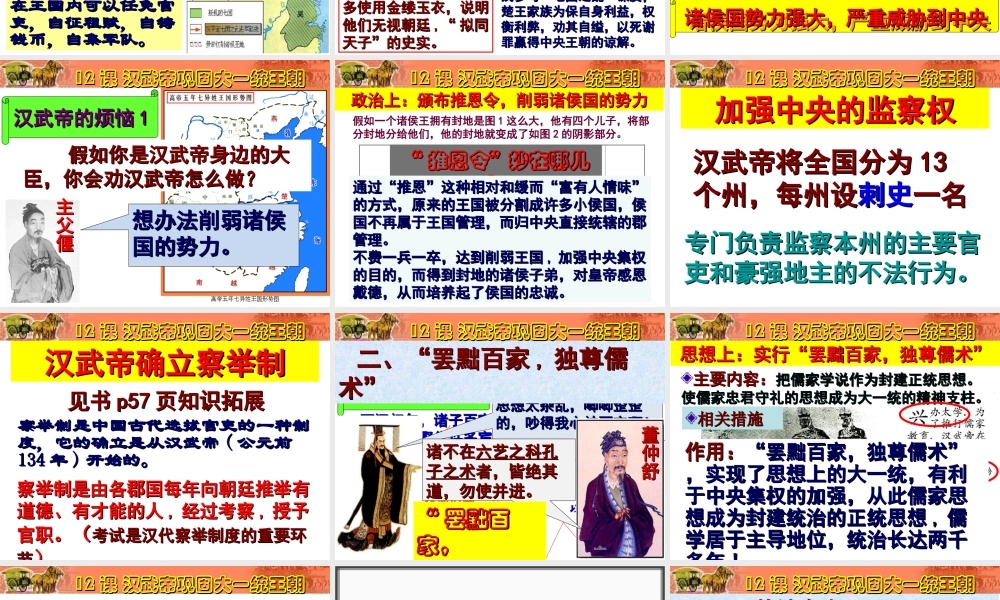 （水滴系列）（2016年秋季版）七年级历史上册 第12课 汉武帝巩固大一统王朝课件 新人教版