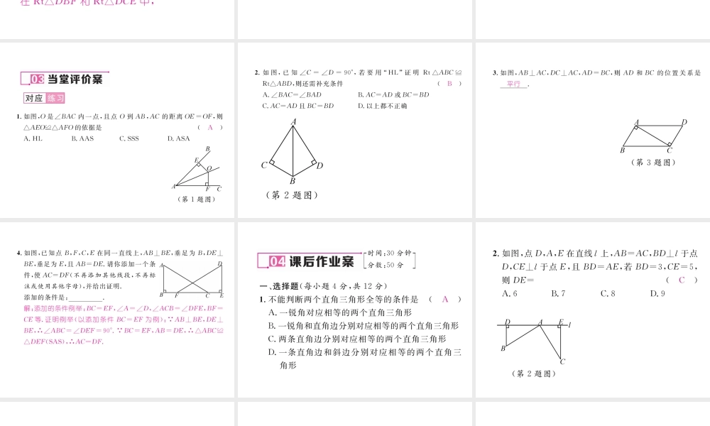 （毕节专版）春八年级数学下册 第1章 三角形的证明 2 直角三角形 第2课时 直角三角形全等的判定作业课件 （新版）北师大版-（新版）北师大版初中八年级下册数学课件