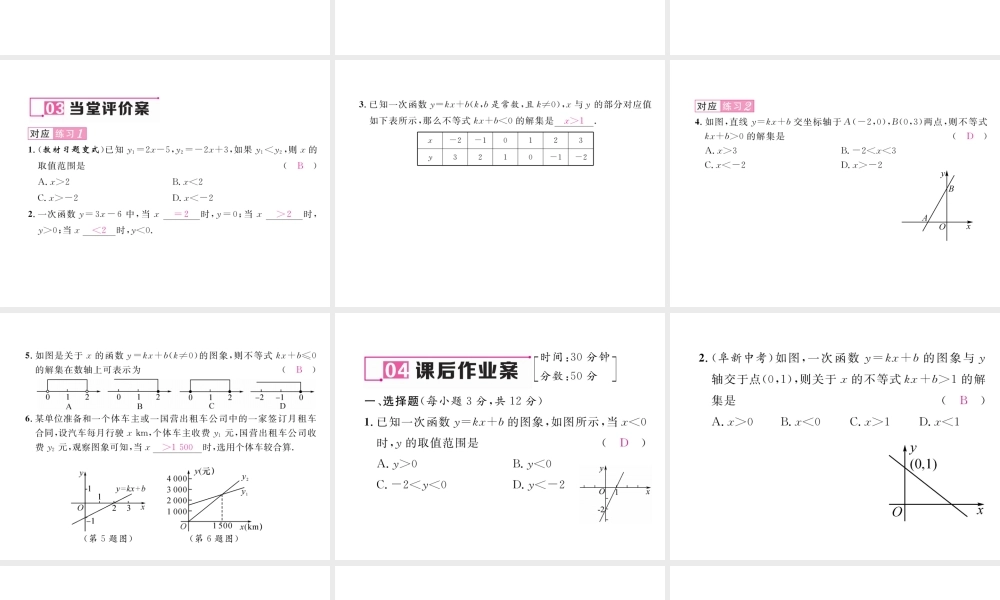 （毕节专版）春八年级数学下册 第2章 一元一次不等式与一元一次不等式组 5 一元一次不等式与一次函数 第1课时 一元一次不等式与一次函数作业课件 （新版）北师大版-（新版）北师大版初中八年级下册数学课件