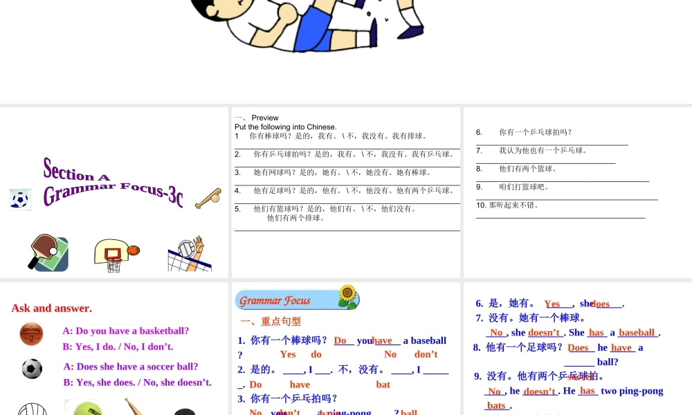 （水滴系列）七年级英语上册 Unit 5 Do you have a soccer ball（第3课时）Section A（Grammar focus-3c）课件 （新版）人教新目标版-（新版）人教新目标版初中七年级上册英语课件
