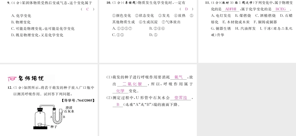 （毕节专用）秋九年级化学上册 1.1 第1课时 化学变化和物理变化作业课件 （新版）新人教版-（新版）新人教版初中九年级上册化学课件