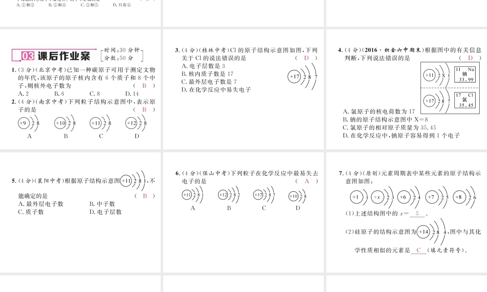 （毕节专用）秋九年级化学上册 3.2 第1课时 原子的结构作业课件 （新版）新人教版-（新版）新人教版初中九年级上册化学课件