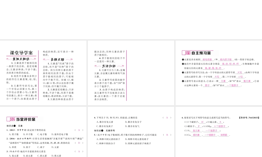 （毕节专用）秋九年级化学上册 3.3 第1课时 元素和元素符号作业课件 （新版）新人教版-（新版）新人教版初中九年级上册化学课件