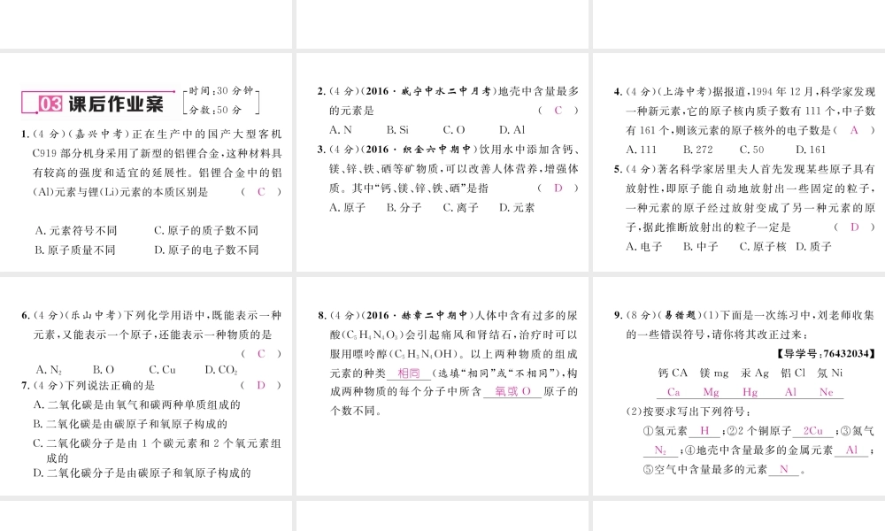 （毕节专用）秋九年级化学上册 3.3 第1课时 元素和元素符号作业课件 （新版）新人教版-（新版）新人教版初中九年级上册化学课件