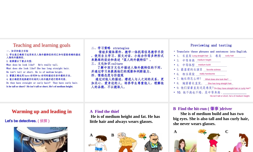 （水滴系列）七年级英语下册 Unit 9 What does he look like（第3课时）Section A（Grammar Foucs-3c）课件 （新版）人教新目标版-（新版）人教新目标版初中七年级下册英语课件