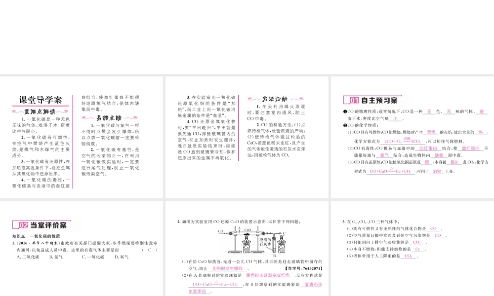 （毕节专用）秋九年级化学上册 6.3 第2课时 一氧化碳作业课件 （新版）新人教版-（新版）新人教版初中九年级上册化学课件