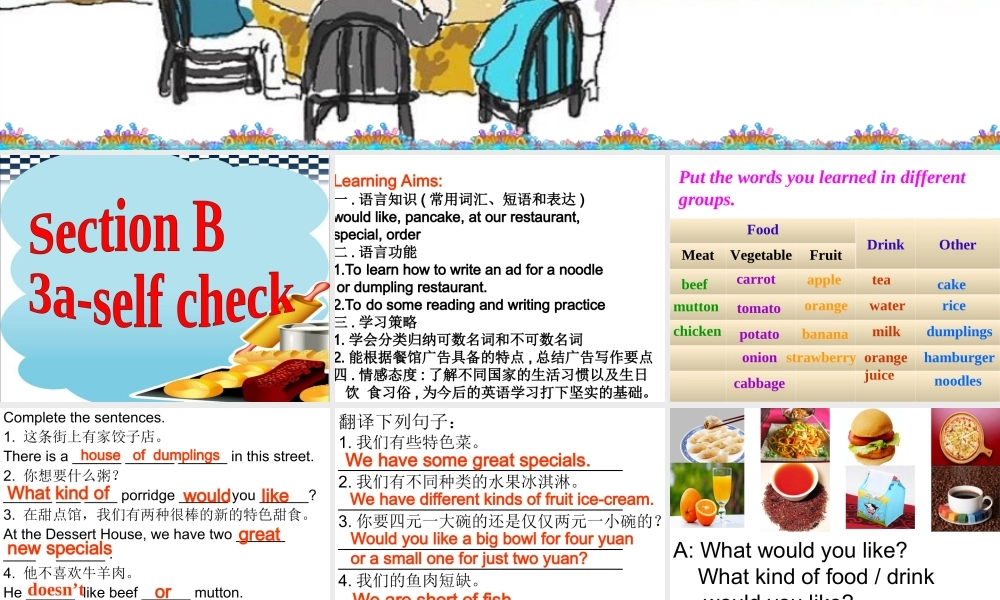 （水滴系列）七年级英语下册 Unit 10 I’d like some noodles（第6课时）Section B（3a-Self check）课件 （新版）人教新目标版-（新版）人教新目标版初中七年级下册英语课件