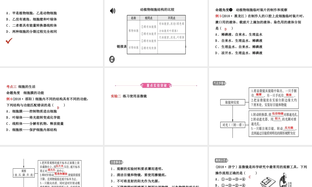 （江西专版）中考生物 第1部分 第二单元 第一章 细胞是生命活动的基本单位复习课件-人教级全册生物课件