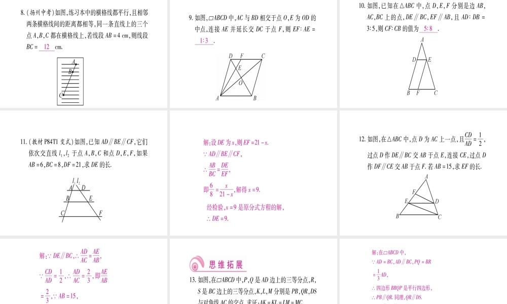 （江西专级数学上册 第4章 图形的相似 4.2 平行线分线段成比例作业课件 （新版）北师大版-（新版）北师大级上册数学课件