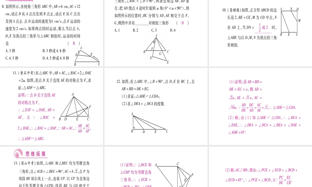 （江西专级数学上册 第4章 图形的相似 4.5 相似三角形判定定理的证明作业课件 （新版）北师大版-（新版）北师大级上册数学课件