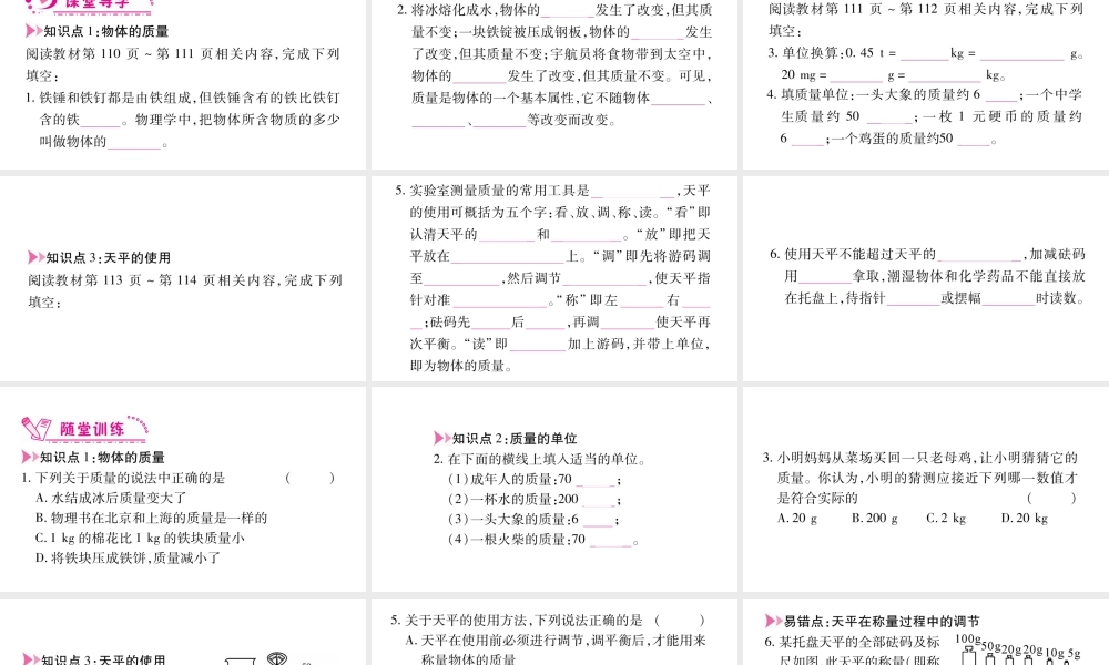（江西专版）八年级物理上册 5.1物体的质量习题课件 （新版）粤教沪版-（新版）粤教沪版初中八年级上册物理课件
