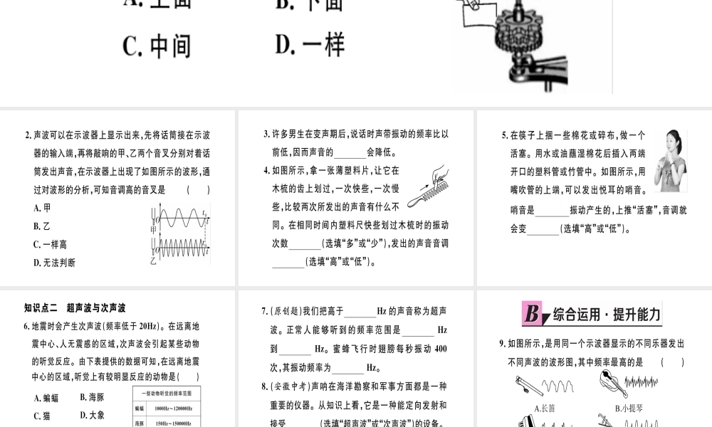 （江西专版）2018年八年级物理上册 第二章 第2节 声音的特性（第1课时 音调、超声波和次声波）习题课件 （新版）新人教版