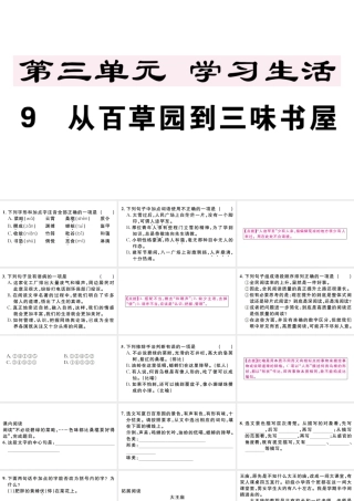 （江西专版）七年级语文上册 第三单元 9 从百草园到三味书屋习题课件 新人教版-新人教版初中七年级上册语文课件