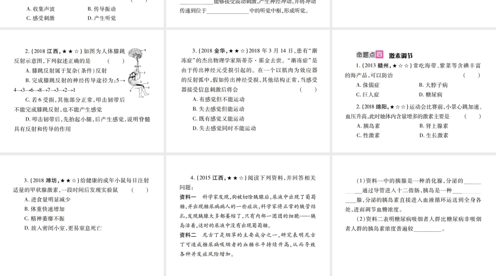 （江西专版）中考生物总复习 五 生物圈中的人（人体通过神经系统和内分泌系统调节生命活动）教材整理课件-人教级全册生物课件