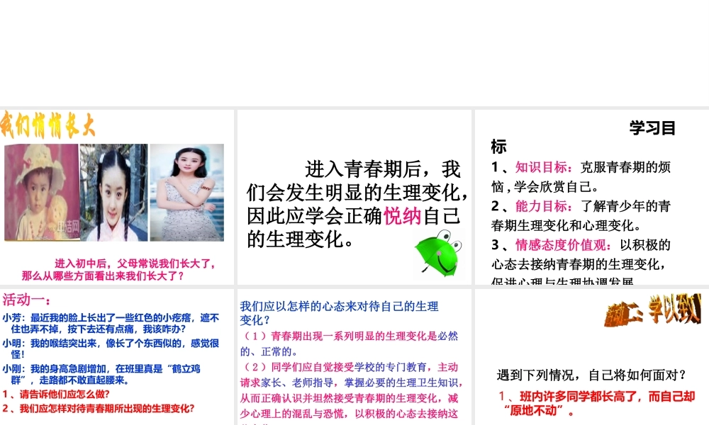 （水滴系列）（秋季版）七年级道德与法治上册 第二单元 青春的脚步 青春的气息 第三课 人们说我们长大了 第2框 悦纳自己的生理变化课件2 鲁人版六三制-鲁人版初中七年级上册政治课件
