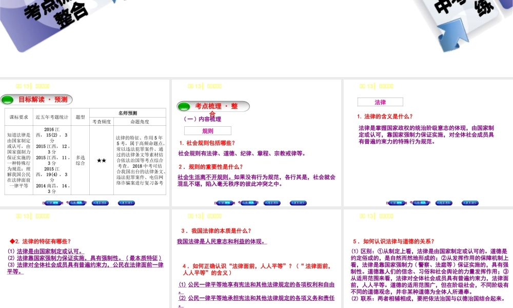 （江西专版）中考政治复习方案 第二单元 法律与秩序 考点13 规则与法律教材梳理课件-人教版初中九年级全册政治课件