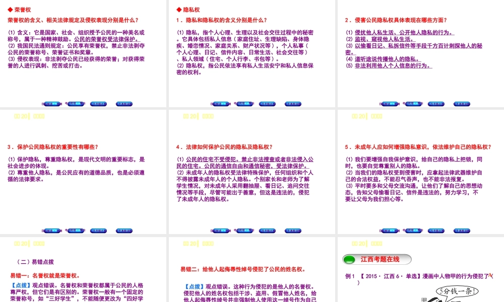 （江西专版）中考政治复习方案 第二单元 法律与秩序 考点20 人身权利教材梳理课件-人教版初中九年级全册政治课件