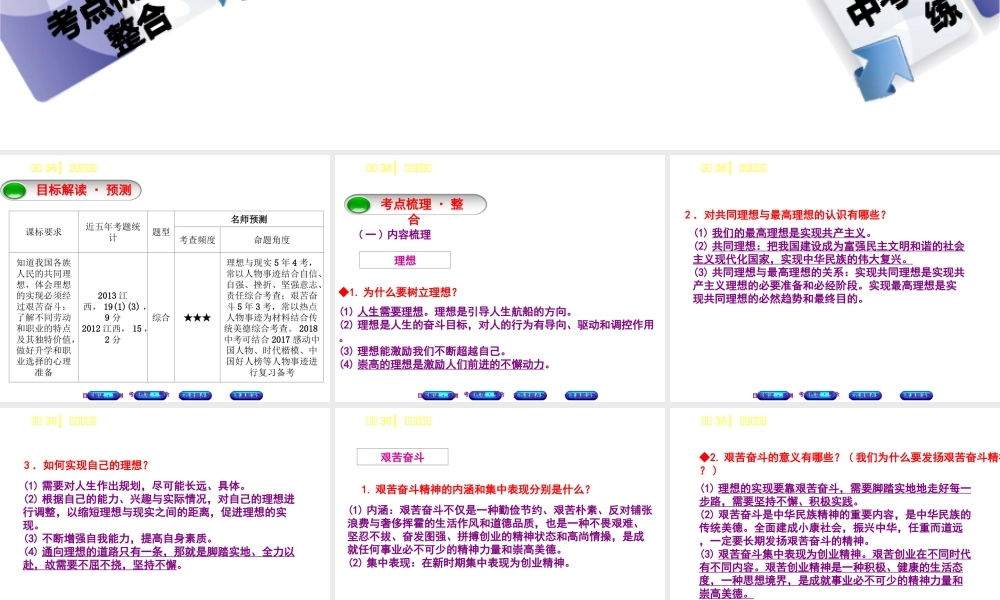 （江西专版）中考政治复习方案 第三单元 国情与责任 考点36 理想与奋斗教材梳理课件-人教版初中九年级全册政治课件