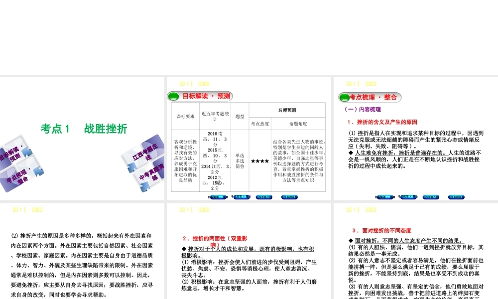 （江西专版）中考政治复习方案 第一单元 心理与品德 考点1 战胜挫折教材梳理课件-人教版初中九年级全册政治课件