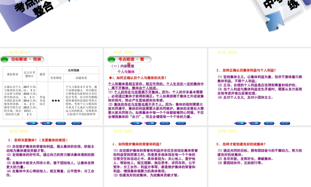 （江西专版）中考政治复习方案 第一单元 心理与品德 考点9 个人与集体教材梳理课件-人教版初中九年级全册政治课件
