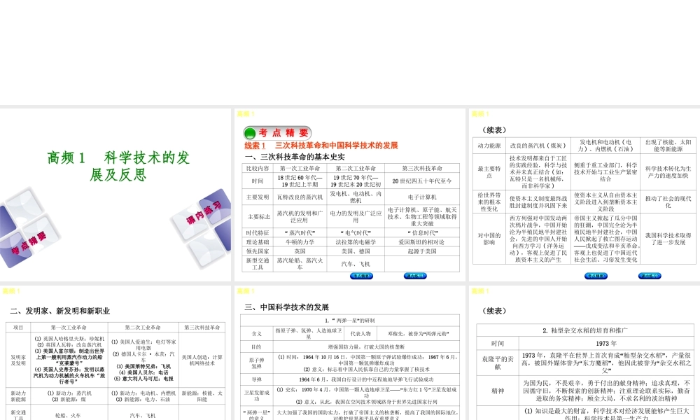 （江西专版）中考历史复习 第2部分 专题突破篇 第三团块 体现“社会主义核心价值观”的高频考点 高频1 科学技术的发展及反思课件-人教版初中九年级全册历史课件