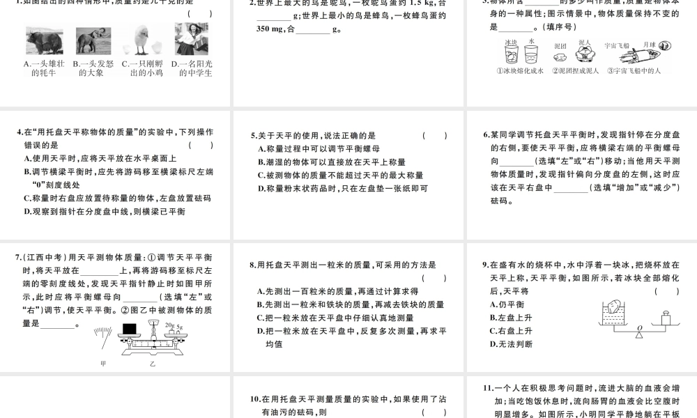 （江西专版）秋八年级物理上册 第六章 第1节 质量习题课件 （新版）新人教版-（新版）新人教版初中八年级上册物理课件