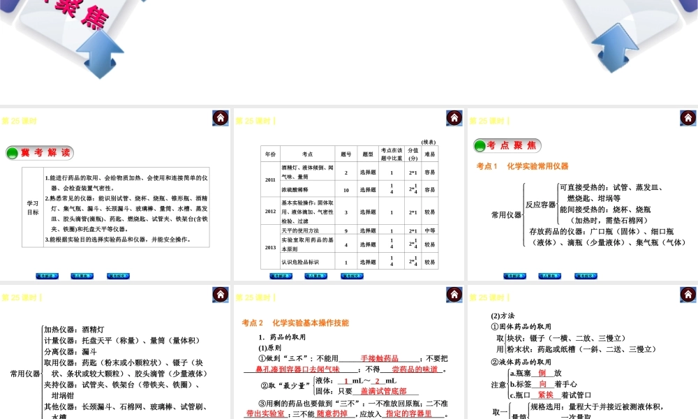 （河北专版）2014中考化学复习方案 第25课时 常用仪器及实验基本操作课件（冀考解读 +考点聚焦+冀考探究，含2013试题）