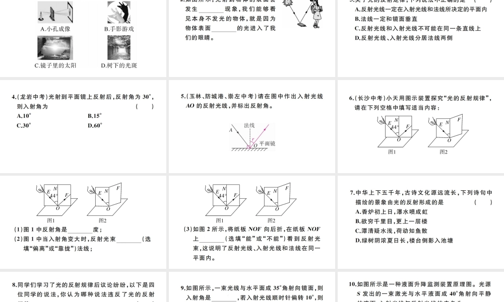 （江西专版）秋八年级物理上册 第四章 第2节 光的反射（第1课时 光的反射现象及定律）习题课件 （新版）新人教版-（新版）新人教版初中八年级上册物理课件