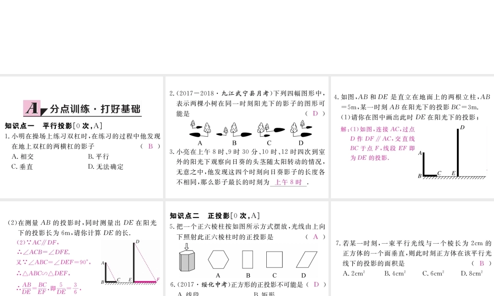 （江西专版）秋九年级数学上册 第五章 投影与视图 5.1 投影 第2课时 平行投影与正投影习题讲评课件 （新版）北师大版-（新版）北师大版初中九年级上册数学课件