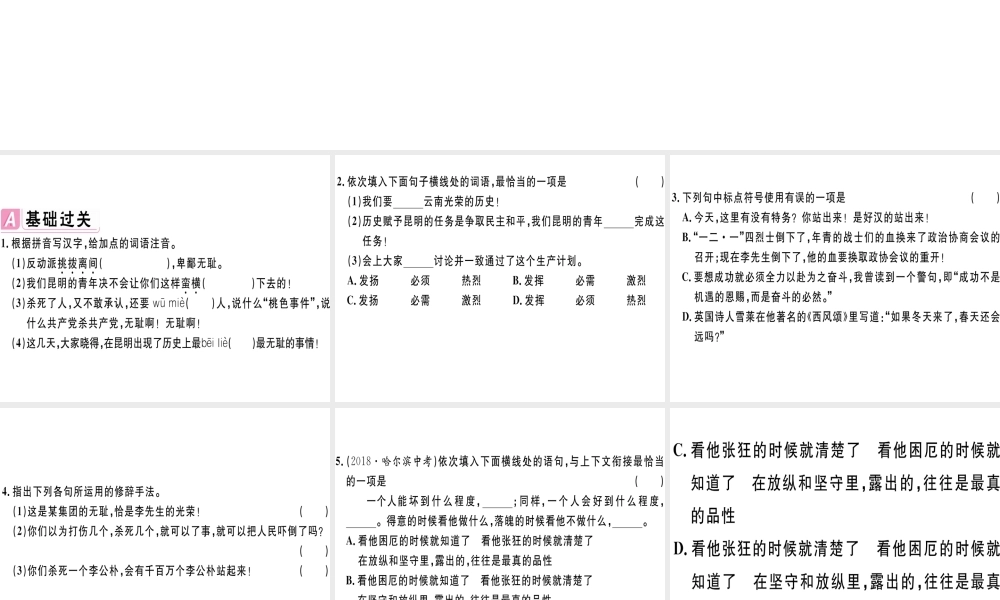 （江西专版）春八年级语文下册 第四单元 13 最后一次讲演习题课件 新人教版-新人教版初中八年级下册语文课件