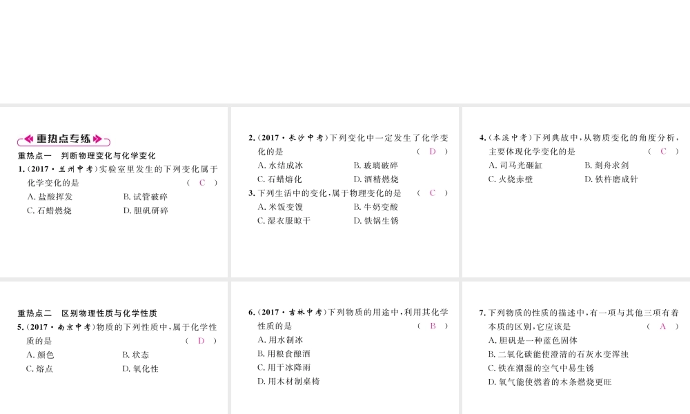 （江西专版）秋九年级化学上册 第1单元 走进化学世界重热点、易错点突破作业课件 （新版）新人教版-（新版）新人教版初中九年级上册化学课件